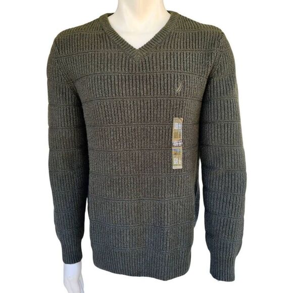 Nautica Men’s Sweater L Green V Neck Heavy Knit Cotton Blend NWT - Picture 1 of 7
